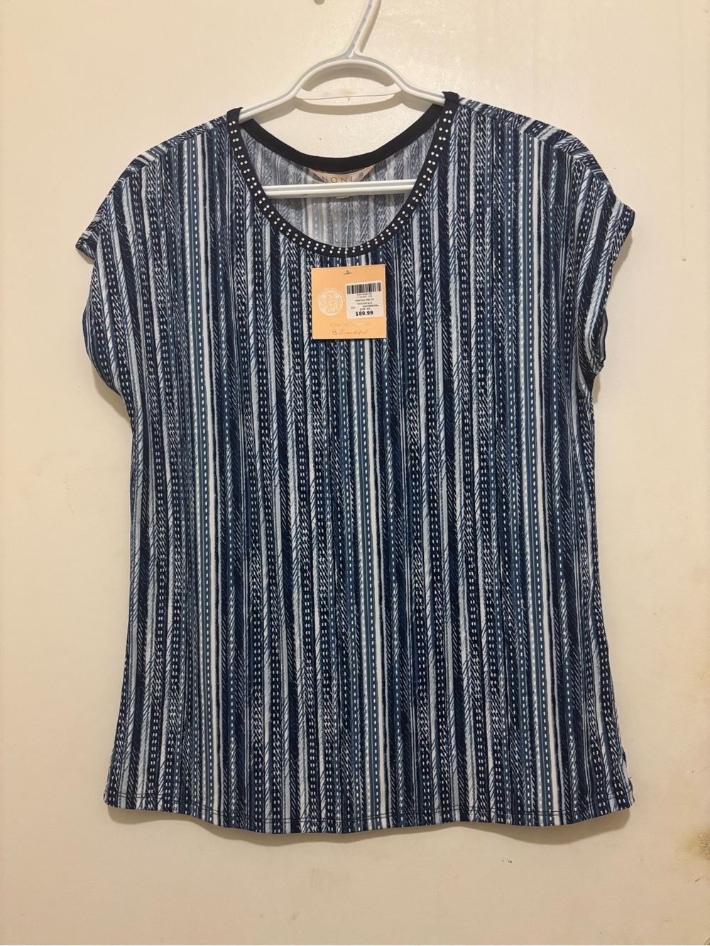 Noni B Stripe Puff Print Tee | NWT | XS | Blue & White Embellished Neck Top